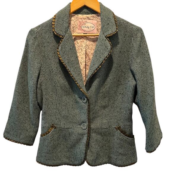 Wendy Hil Jackets & Blazers - Wendy Hil Green Herringbone Tweed Blazer w/ Satin Trim Size M FrenchGirl Preppy